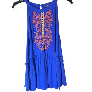 Miss Me Sleeveless Top Blue Orange Floral Boho Light Airy Tunic Tank Size Lg